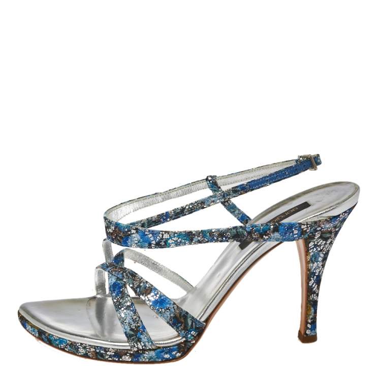 Pre Owned Sergio Rossi Blue Glittered Fabric Strappy Sandals Size 40