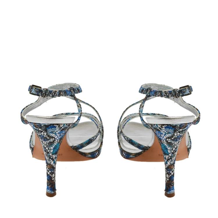 Pre Owned Sergio Rossi Blue Glittered Fabric Strappy Sandals Size 40