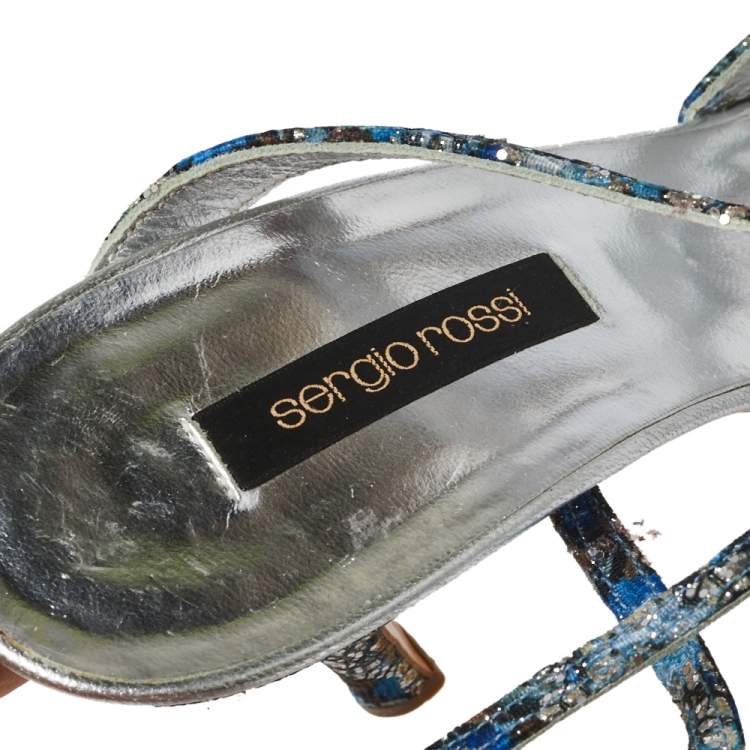 Pre Owned Sergio Rossi Blue Glittered Fabric Strappy Sandals Size 40
