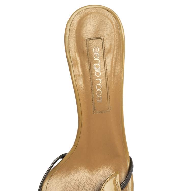 Pre Owned Sergio Rossi Beige/Grey Patent Leather Butterfly Curve Heel Slide Sandals Size 38.5