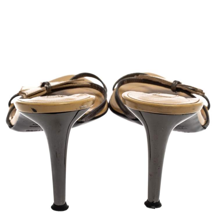 Pre Owned Sergio Rossi Beige/Grey Patent Leather Butterfly Curve Heel Slide Sandals Size 38.5