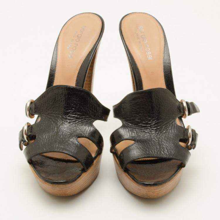 Pre Owned Sergio Rossi Black Leather Wooden Platform Slides Size 38