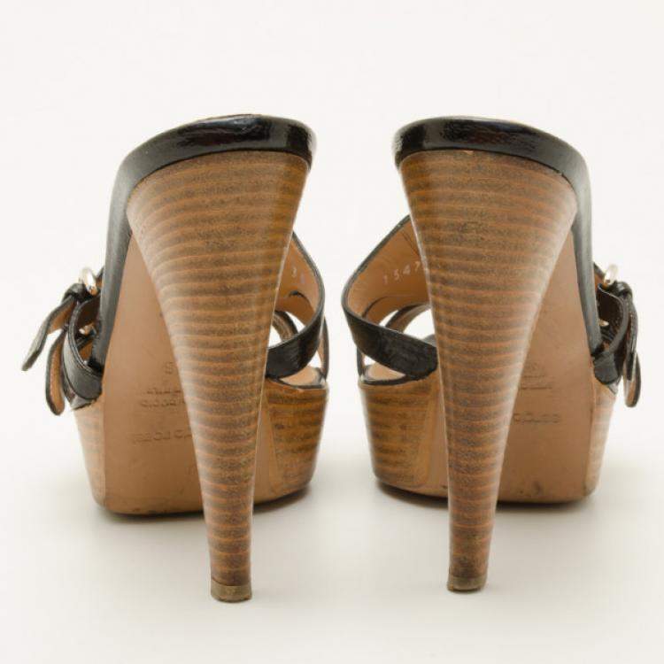 Pre Owned Sergio Rossi Black Leather Wooden Platform Slides Size 38