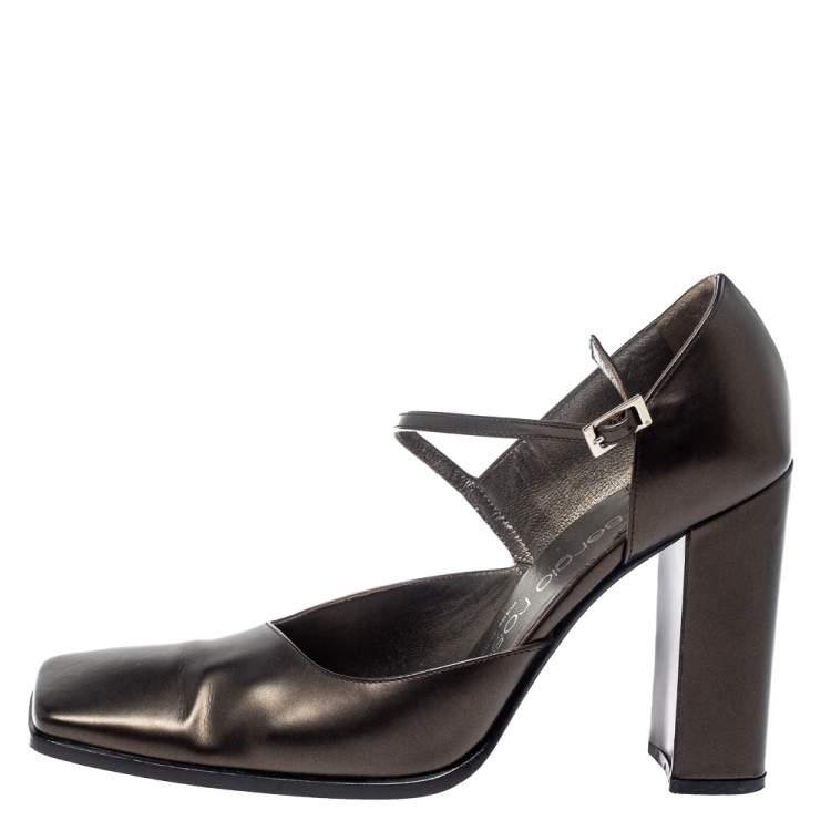 Pre Owned Sergio Rossi Dark Grey Leather Ankle Strap Square Toe Pumps Size 37.5