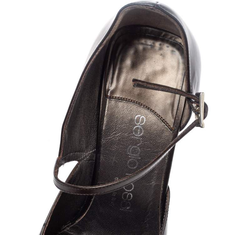 Pre Owned Sergio Rossi Dark Grey Leather Ankle Strap Square Toe Pumps Size 37.5