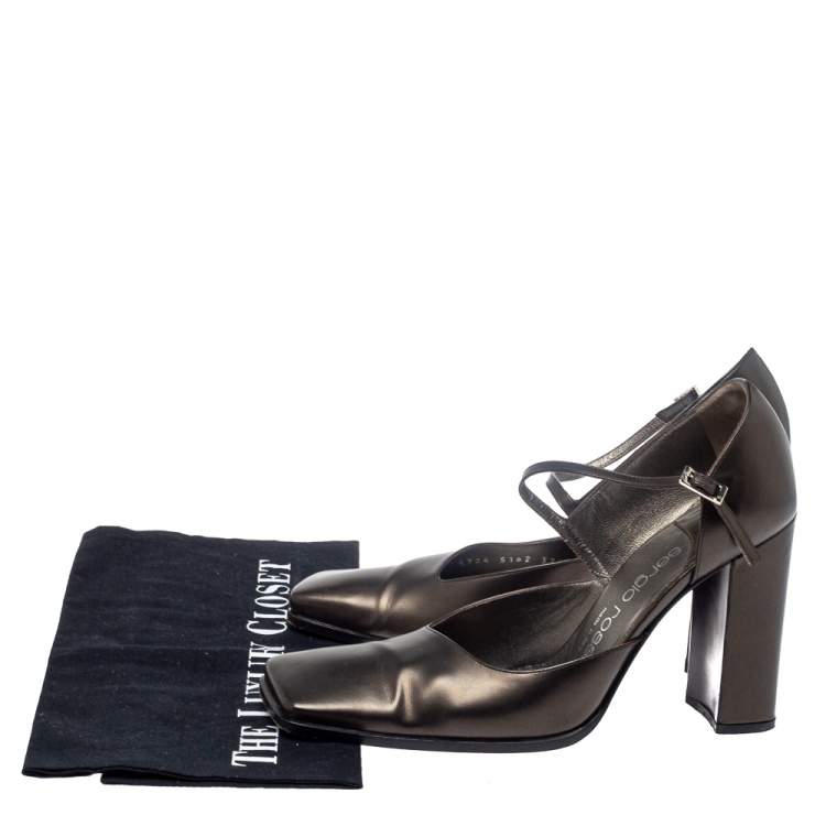 Pre Owned Sergio Rossi Dark Grey Leather Ankle Strap Square Toe Pumps Size 37.5