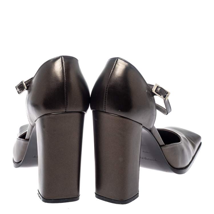 Pre Owned Sergio Rossi Dark Grey Leather Ankle Strap Square Toe Pumps Size 37.5