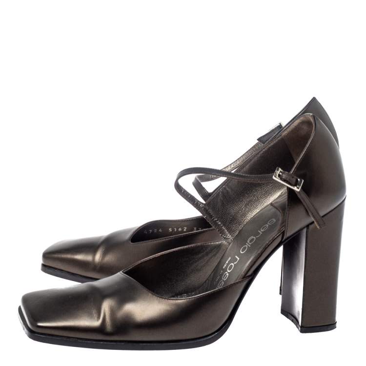 Pre Owned Sergio Rossi Dark Grey Leather Ankle Strap Square Toe Pumps Size 37.5