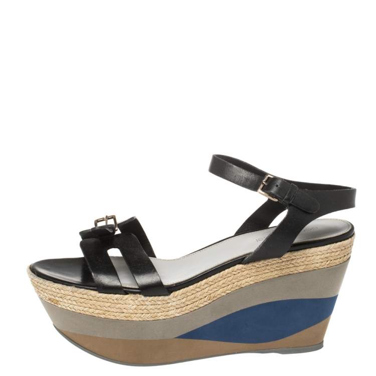 Pre Owned Sergio Rossi Black Leather Wedge Espadrille Ankle Strap Sandals Size 40