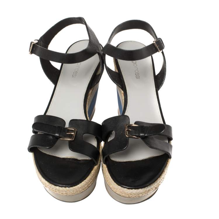 Pre Owned Sergio Rossi Black Leather Wedge Espadrille Ankle Strap Sandals Size 40