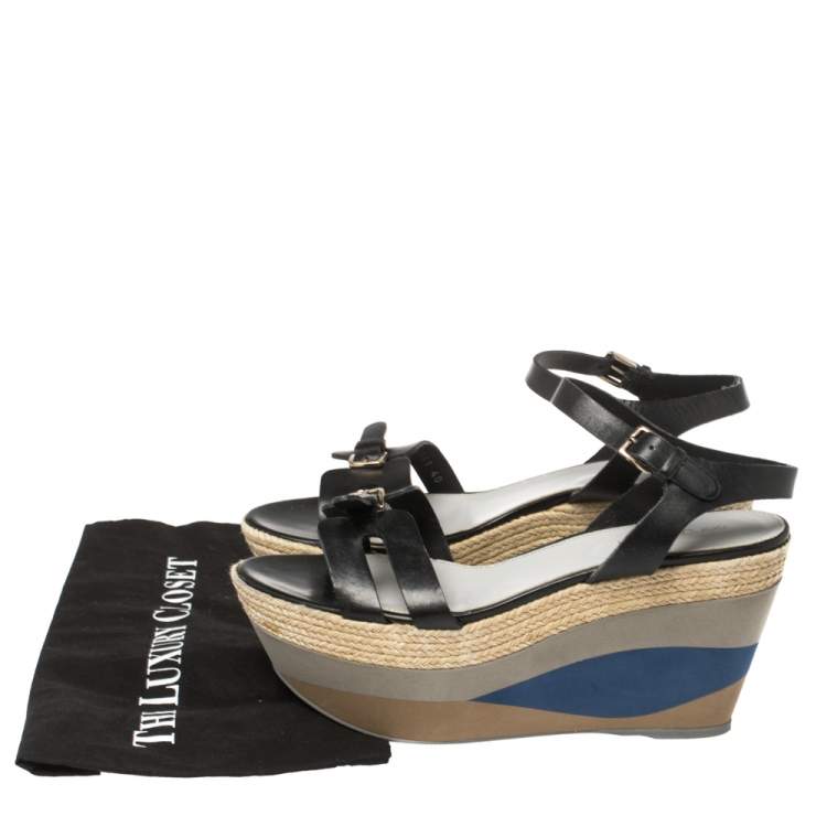 Pre Owned Sergio Rossi Black Leather Wedge Espadrille Ankle Strap Sandals Size 40