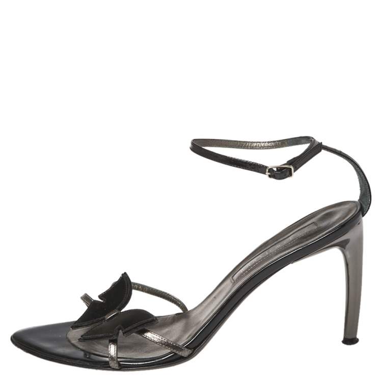 Pre Owned Sergio Rossi Black Patent Leather Butterfly Ankle Strap Sandals Size 38.5