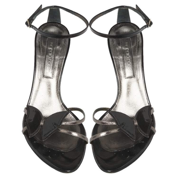 Pre Owned Sergio Rossi Black Patent Leather Butterfly Ankle Strap Sandals Size 38.5