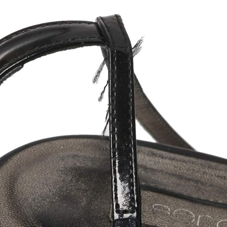 Pre Owned Sergio Rossi Black Patent Leather Butterfly Ankle Strap Sandals Size 38.5