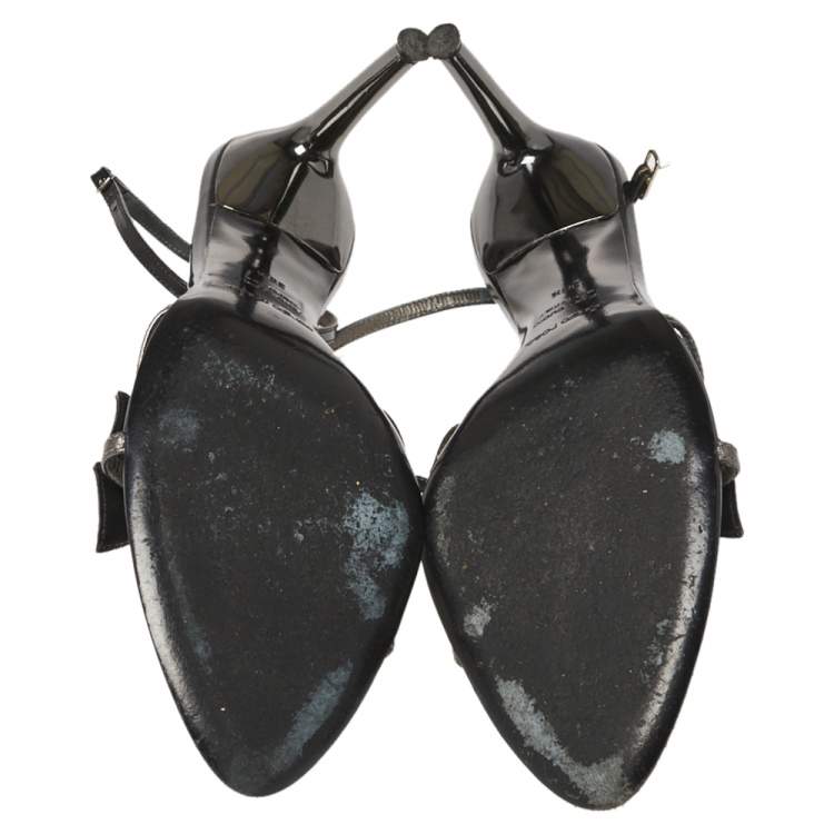 Pre Owned Sergio Rossi Black Patent Leather Butterfly Ankle Strap Sandals Size 38.5