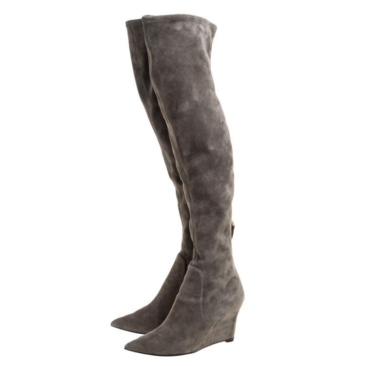 Pre Owned Sergio Rossi Grey Suede Over The Knee Wedge Boots Size 37.5 