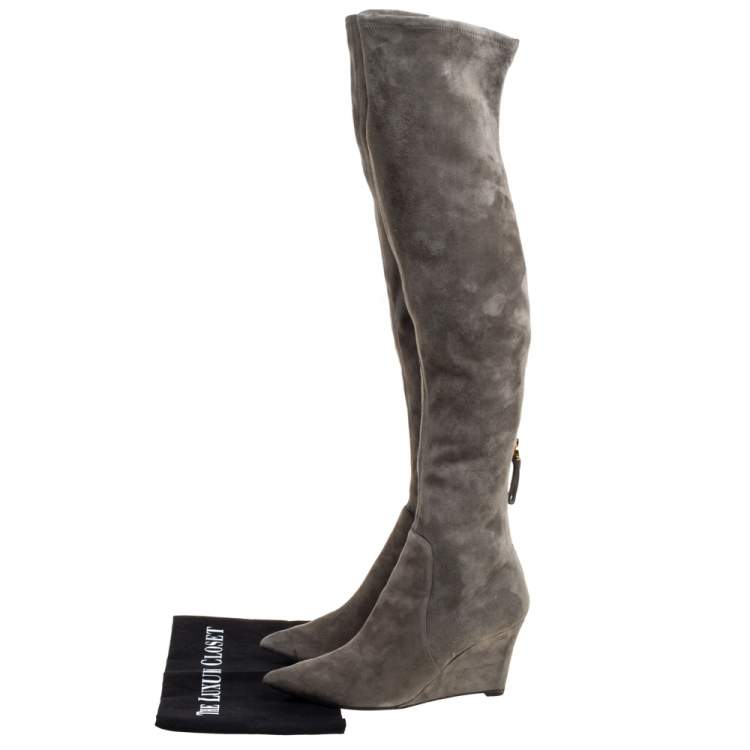 Pre Owned Sergio Rossi Grey Suede Over The Knee Wedge Boots Size 37.5 