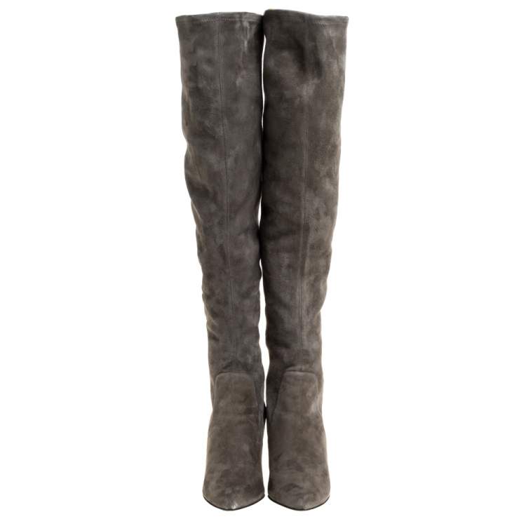 Pre Owned Sergio Rossi Grey Suede Over The Knee Wedge Boots Size 37.5 