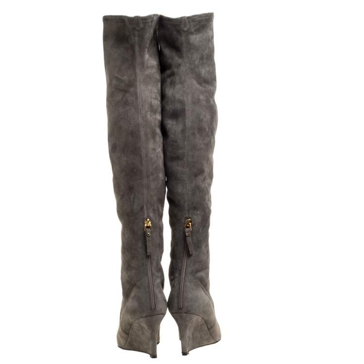 Pre Owned Sergio Rossi Grey Suede Over The Knee Wedge Boots Size 37.5 