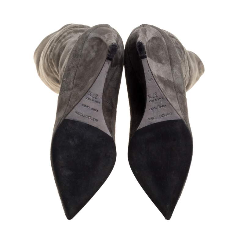 Pre Owned Sergio Rossi Grey Suede Over The Knee Wedge Boots Size 37.5 