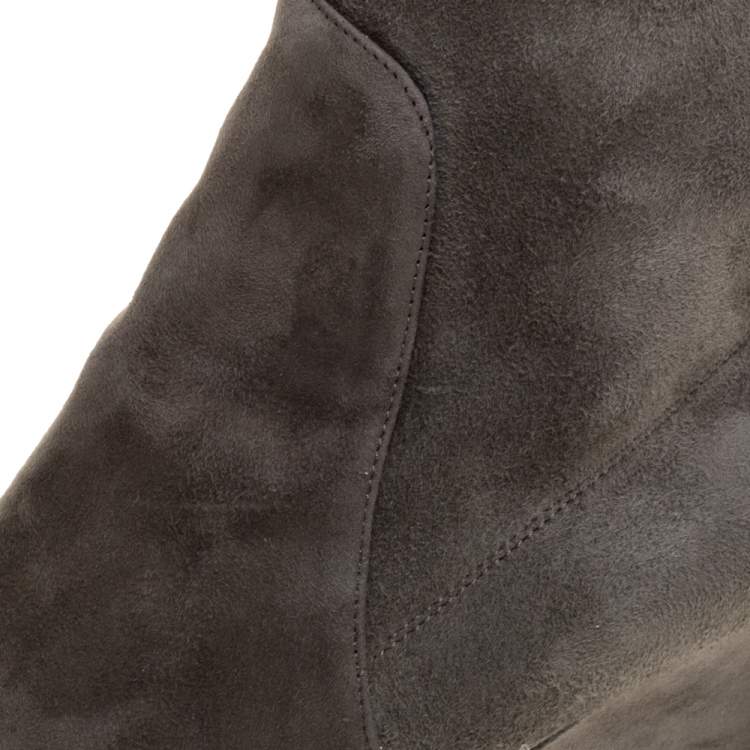 Pre Owned Sergio Rossi Grey Suede Over The Knee Wedge Boots Size 37.5 