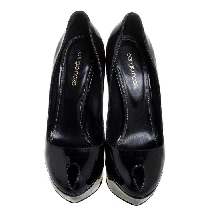 Pre Owned Sergio Rossi Black Patent Leather Peep Toe Platform Pump Size 38