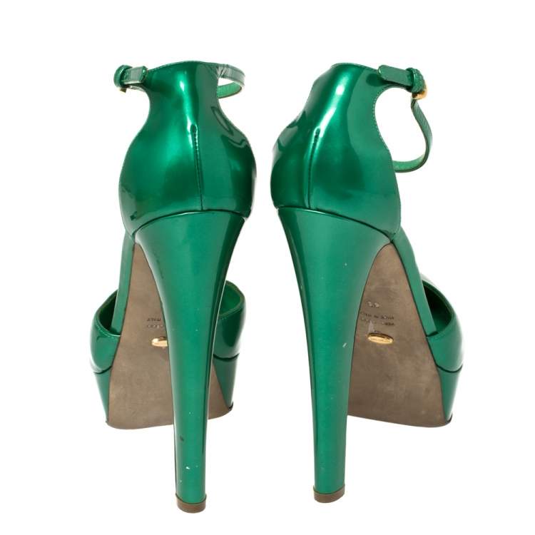 Pre Owned Sergio Rossi Green Patent Leather Ankle Strap Platform Sandals Size 39
