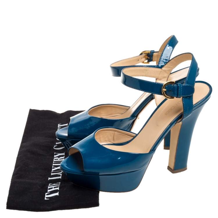 Pre Owned Sergio Rossi Blue Patent Leather Platform Peep Toe Ankle Strap Sandals 37