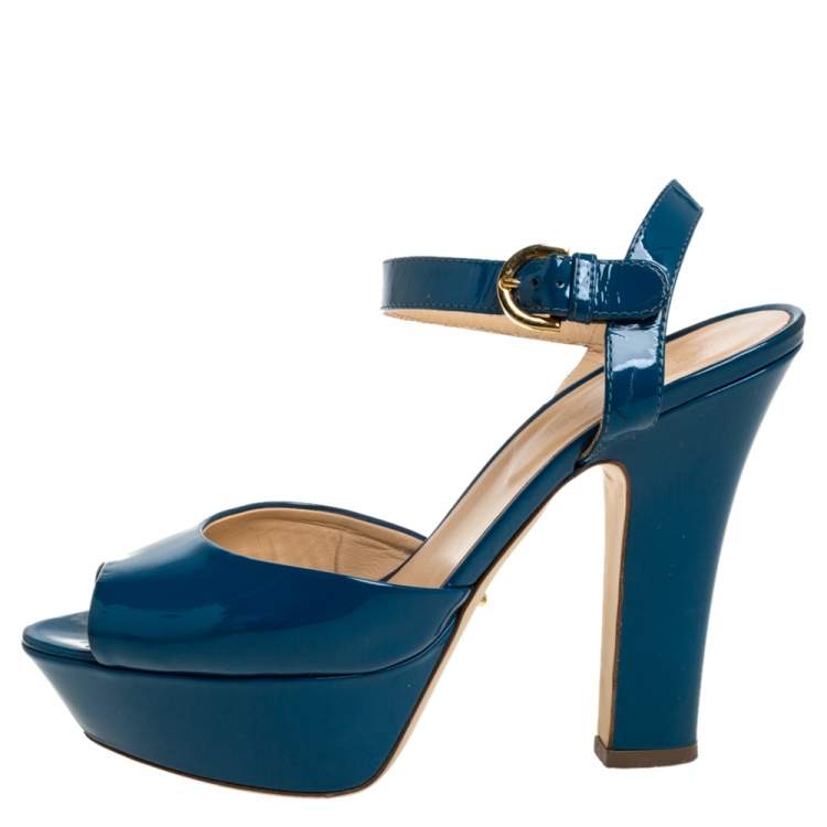 Pre Owned Sergio Rossi Blue Patent Leather Platform Peep Toe Ankle Strap Sandals 37