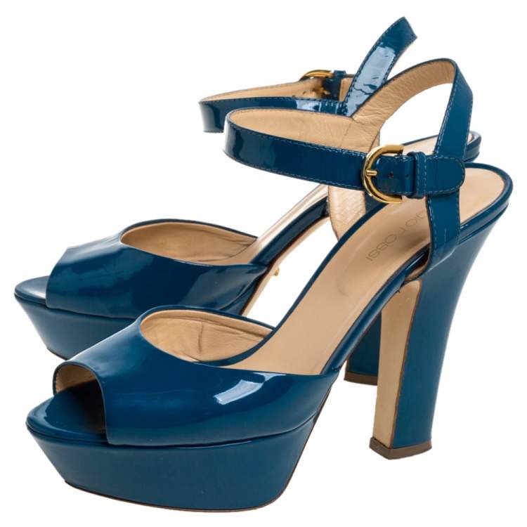 Pre Owned Sergio Rossi Blue Patent Leather Platform Peep Toe Ankle Strap Sandals 37