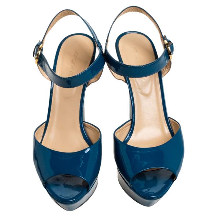 Pre Owned Sergio Rossi Blue Patent Leather Platform Peep Toe Ankle Strap Sandals 37
