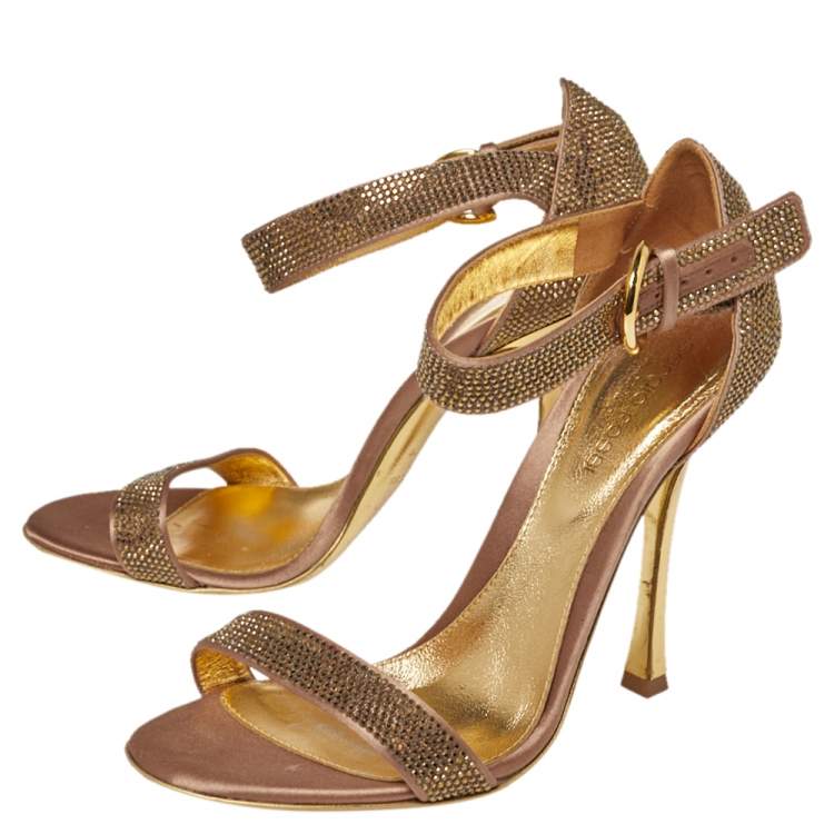 Pre Owned Sergio Rossi Gold  Satin And Crystal Embellished  Studded Ankle Strap Sandals Size 37