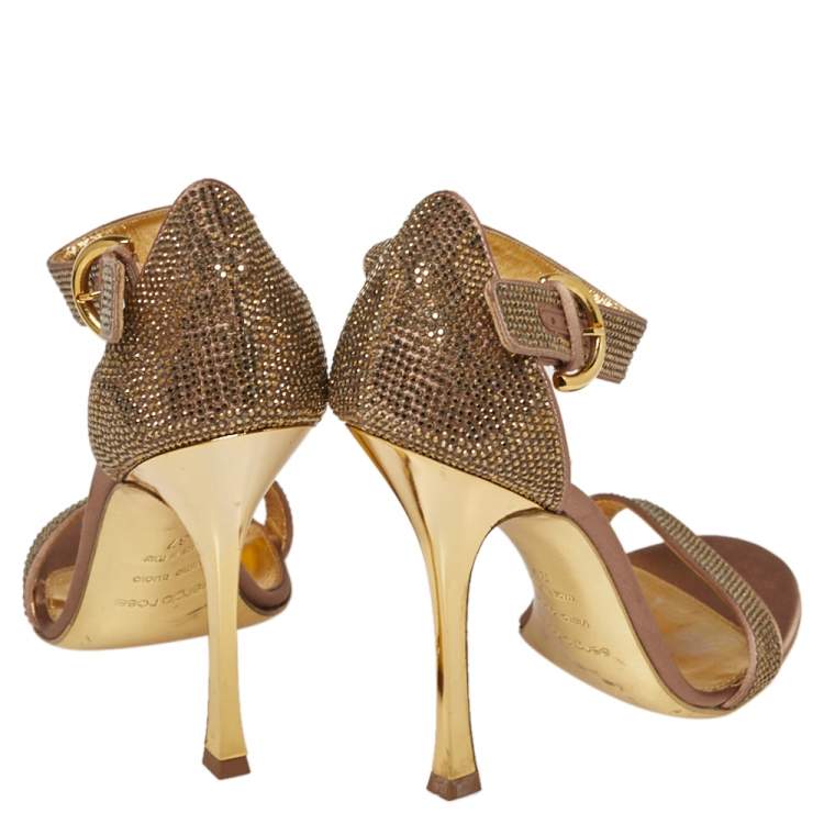 Pre Owned Sergio Rossi Gold  Satin And Crystal Embellished  Studded Ankle Strap Sandals Size 37