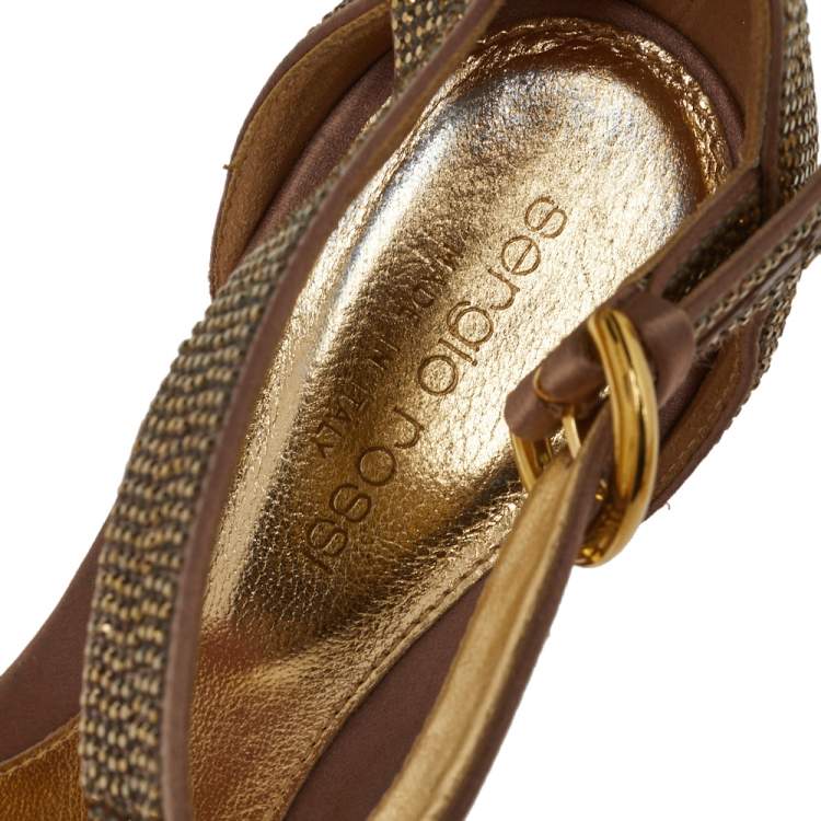 Pre Owned Sergio Rossi Gold  Satin And Crystal Embellished  Studded Ankle Strap Sandals Size 37