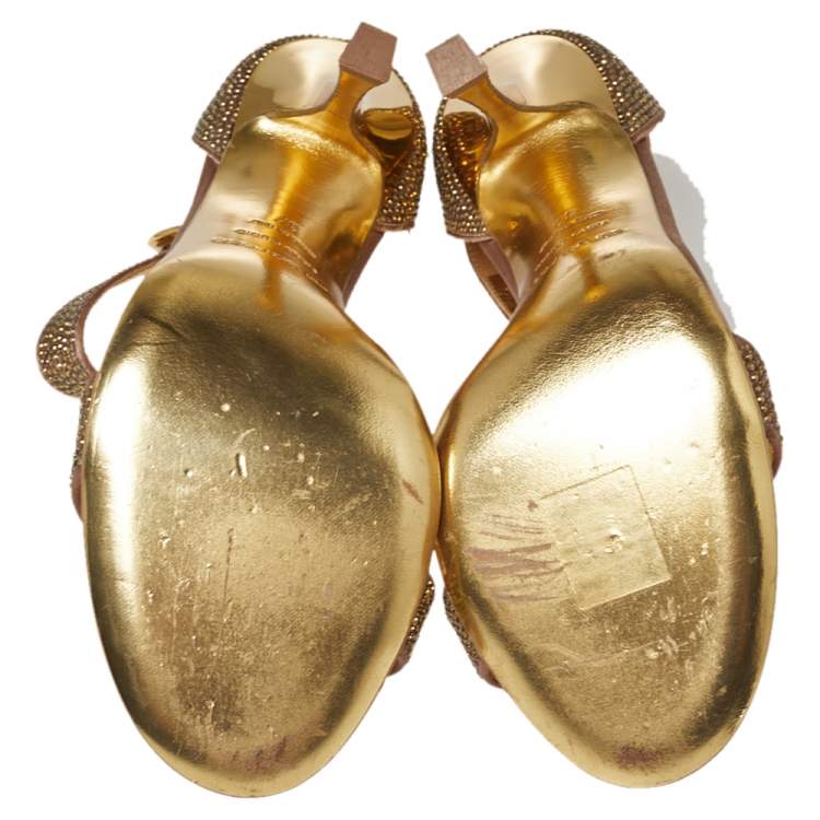 Pre Owned Sergio Rossi Gold  Satin And Crystal Embellished  Studded Ankle Strap Sandals Size 37