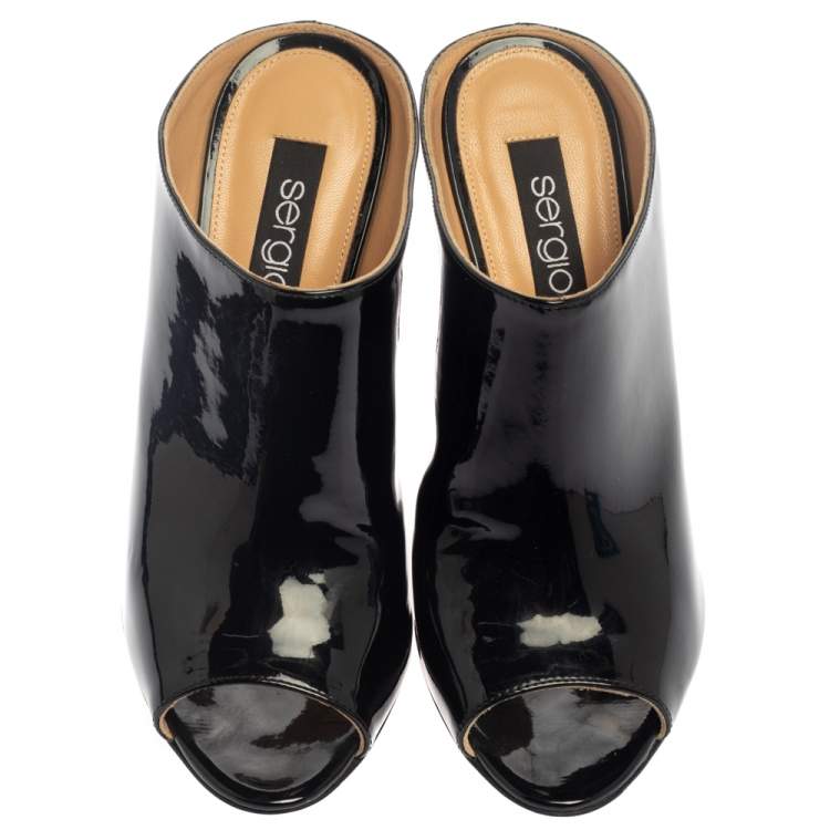 Pre Owned Sergio Rossi Black Patent Leather Mule Sandals Size 37.5