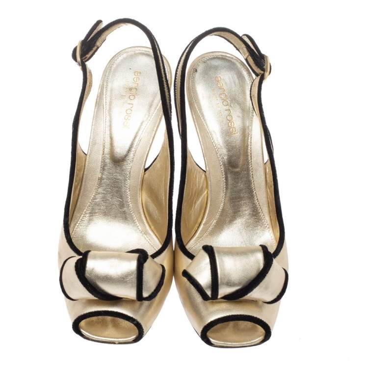 Pre Owned Sergio Rossi Gold Leather Bow Slingback Sandals Size 39