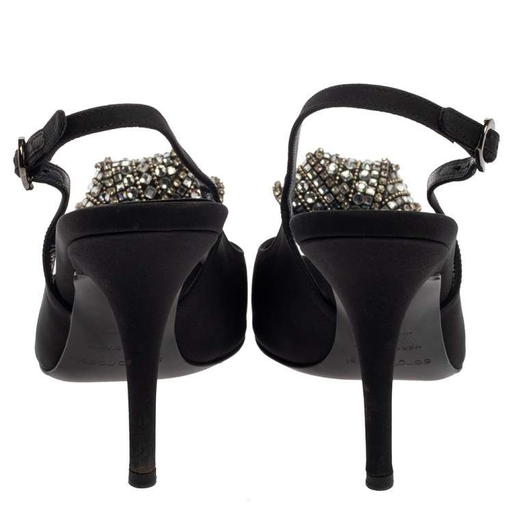 Pre Owned Sergio Rossi Black Satin Crystal Embellished Square Toe Slingback Sandals Size 38