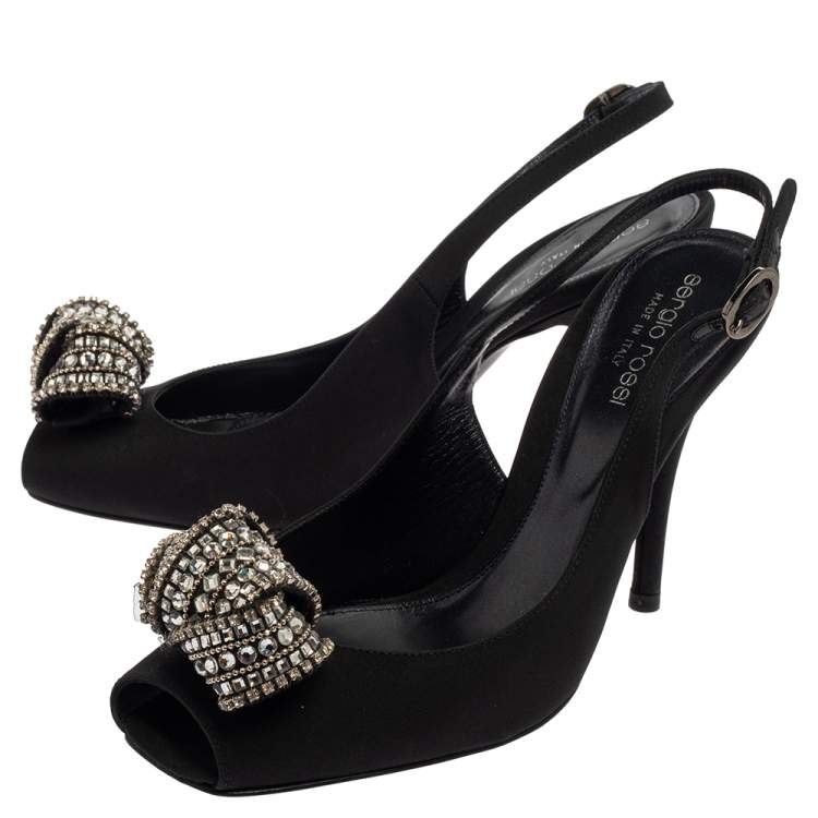 Pre Owned Sergio Rossi Black Satin Crystal Embellished Square Toe Slingback Sandals Size 38