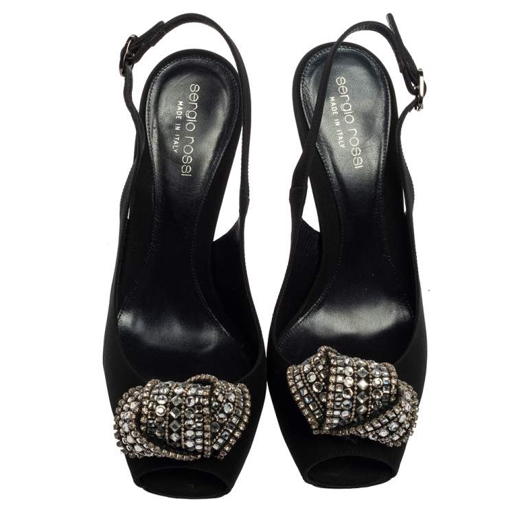 Pre Owned Sergio Rossi Black Satin Crystal Embellished Square Toe Slingback Sandals Size 38