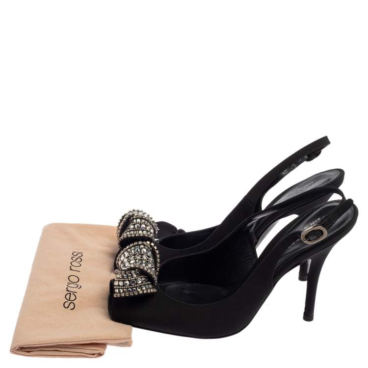 Pre Owned Sergio Rossi Black Satin Crystal Embellished Square Toe Slingback Sandals Size 38