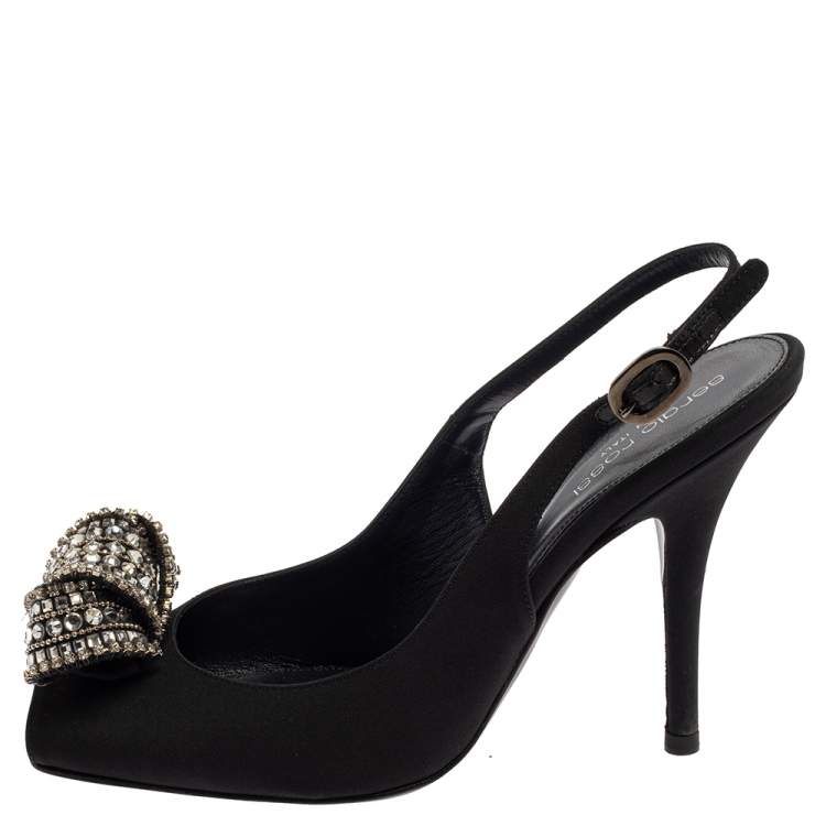 Pre Owned Sergio Rossi Black Satin Crystal Embellished Square Toe Slingback Sandals Size 38