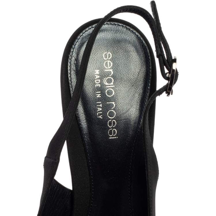 Pre Owned Sergio Rossi Black Satin Crystal Embellished Square Toe Slingback Sandals Size 38