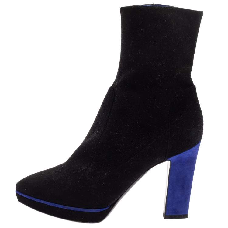 Pre Owned Sergio Rossi Black/Blue Suede Zipped Ankle Boots Size 40.5 