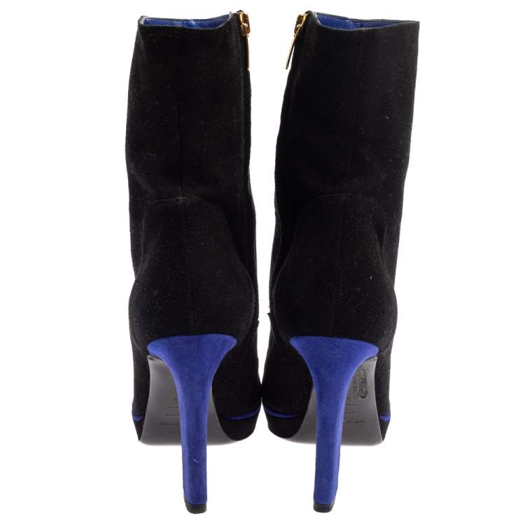 Pre Owned Sergio Rossi Black/Blue Suede Zipped Ankle Boots Size 40.5 