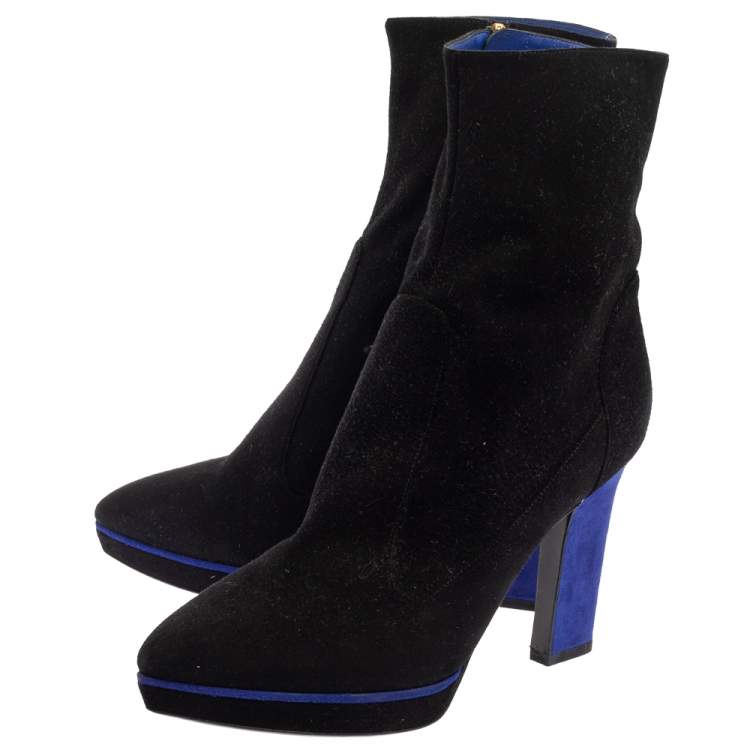 Pre Owned Sergio Rossi Black/Blue Suede Zipped Ankle Boots Size 40.5 