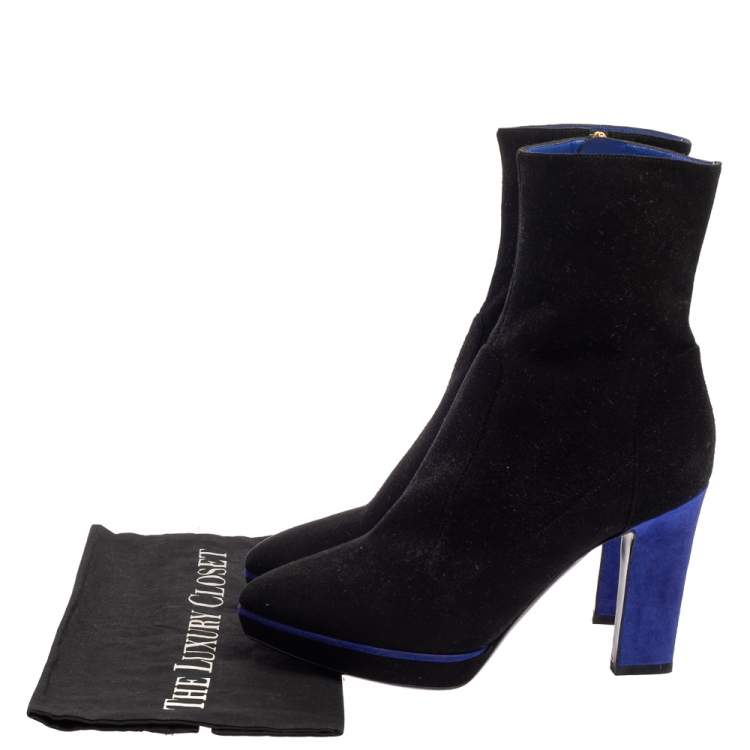 Pre Owned Sergio Rossi Black/Blue Suede Zipped Ankle Boots Size 40.5 