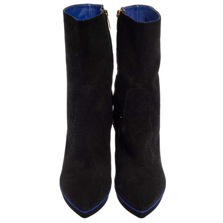 Pre Owned Sergio Rossi Black/Blue Suede Zipped Ankle Boots Size 40.5 