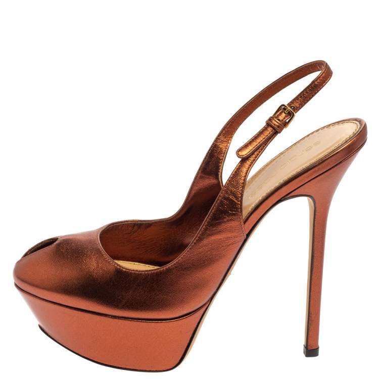 Pre Owned Sergio Rossi Metallic Brown Leather Cachet Peep Toe Platform Slingback Sandals Size 36.5
