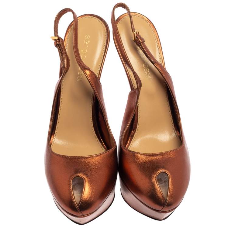 Pre Owned Sergio Rossi Metallic Brown Leather Cachet Peep Toe Platform Slingback Sandals Size 36.5